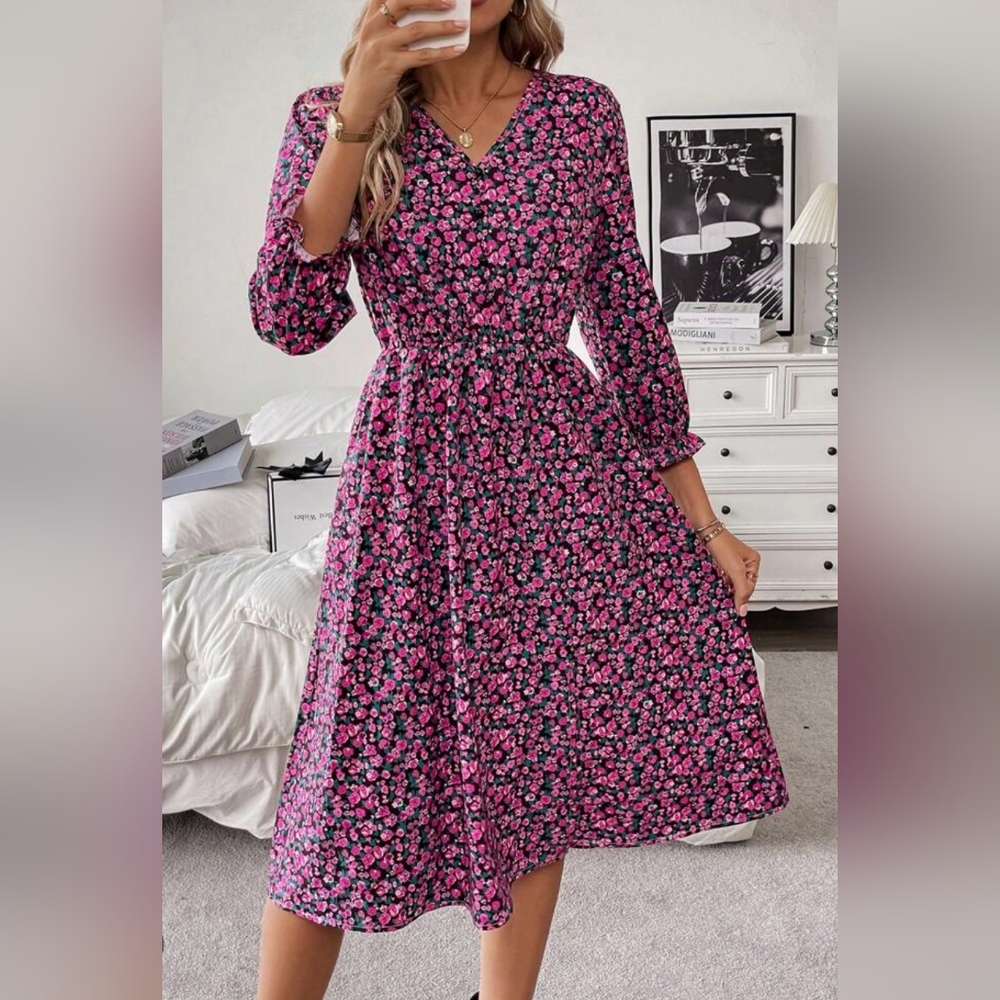 Feminine Floral 3/4 Sleeve Dress Red And Black
